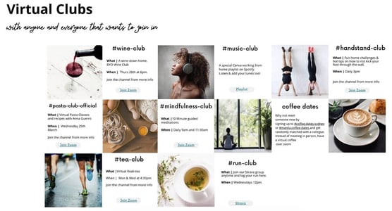 A snapshot of the different virtual clubs Canva teams can participate in. (source)