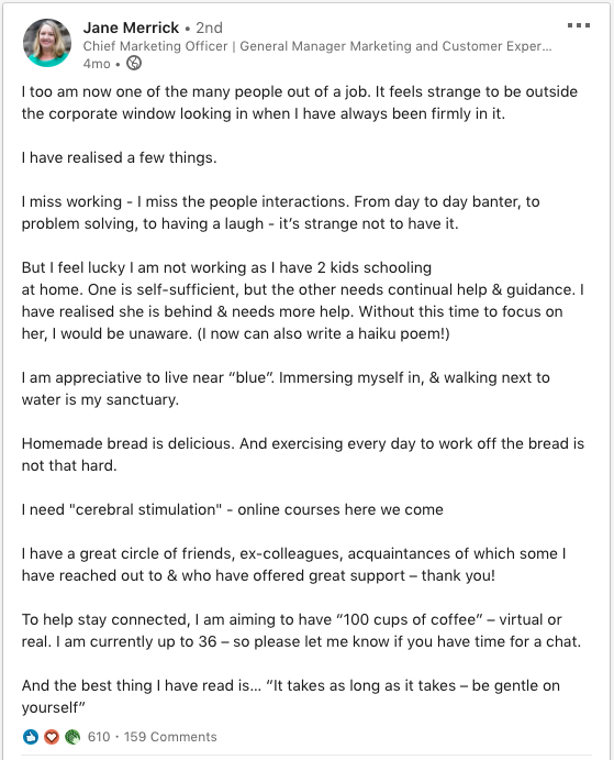 Jane’s heartfelt post on LinkedIn generated 55,000 views and 180 coffee requests. (click to zoom)